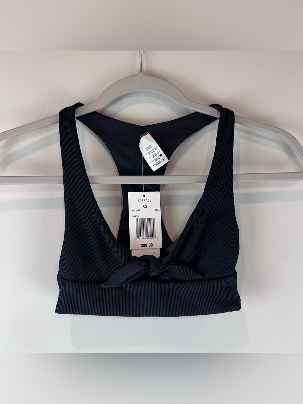 NEW L*Space Black Scoop Neck Tie Bow Ribbed Vacation Beach Tara Swim Top XS